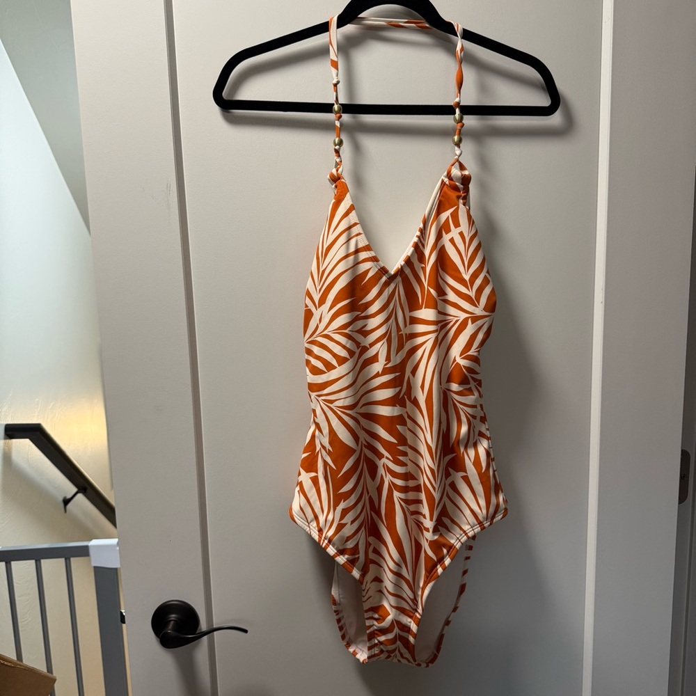NWOT Shade & Shore Orange White Floral Palm Halter Neck Boho One Piece Cutout